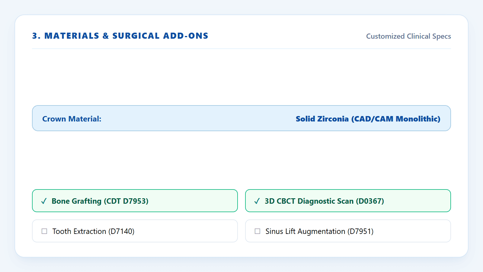 Materials and surgical options selector showing solid zirconia crowns, custom abutments, and bone grafting add-ons